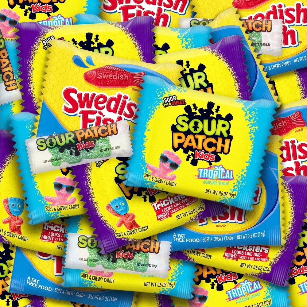 slide 6 of 7, Sour Patch Kids & Swedish Fish Halloween Candy Variety Pack Treat Size - 60oz/180ct, 60 oz, 180 ct
