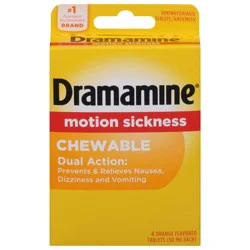 Dramamine Motion Sickness Relief - Chewable Orange Flavor, 4 Count