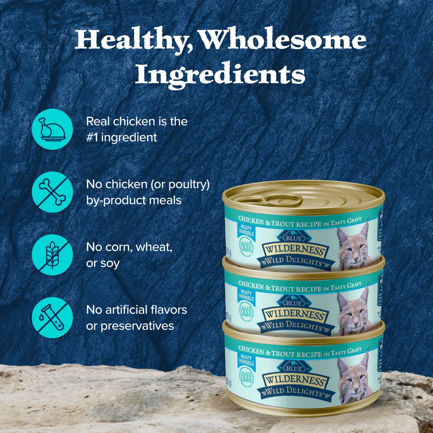 slide 2 of 8, BLUE BUFFALO Wilderness Wild Delights Grain Free, Natural Adult Wet Cat Food, Chicken & Trout 3-oz can, 1 ct