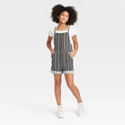 Girls' Woven Shortalls Romper - art class Black Striped M