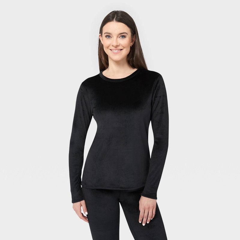 slide 1 of 4, Wander by Hottotties Women's Velour Thermal Crewneck Sweatshirt - Black S, 1 ct