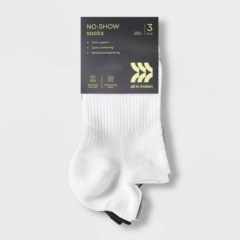 slide 2 of 3, Women's 3pk Mesh Striped No Show Tab Socks - All In Motion™ White/Light Gray/Dark Gray 4-10: Arch Support, Cushioned, 3 ct