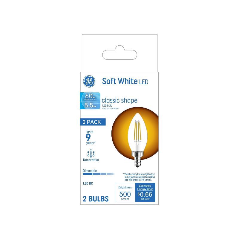 slide 1 of 1, General Electric GE 2pk 5.5 Watts Soft White Candelabra Base Decorative Light Bulbs, 2 ct