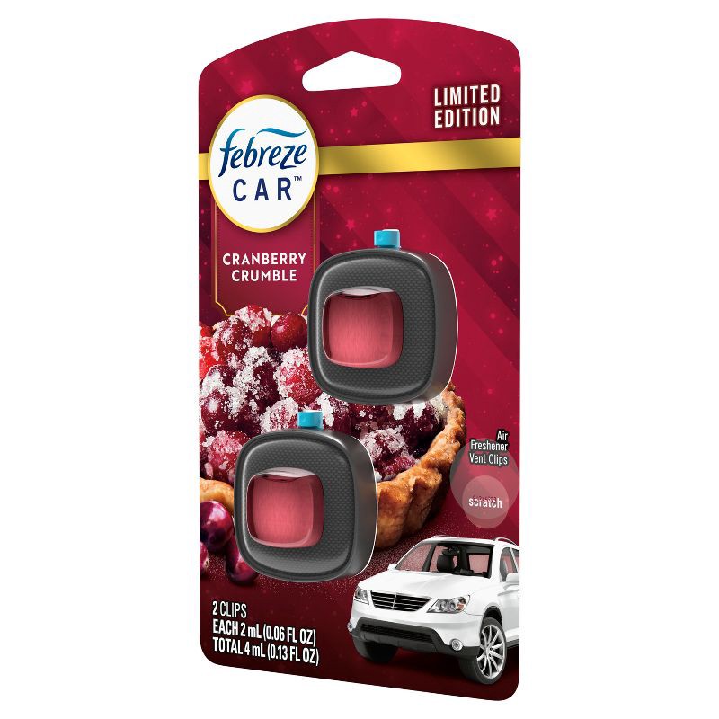 slide 10 of 10, Febreze Car Air Freshener Vent Clip - Cranberry Tart - 2ct/0.13 fl oz, 2 ct, 0.13 fl oz