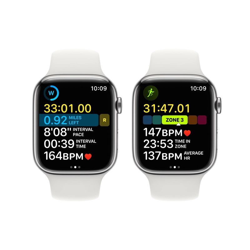 slide 7 of 8, Apple Watch Series 8 GPS + Cellular 45mm Silver Stainless Steel Case with White Sport Band - M/L, 1 ct