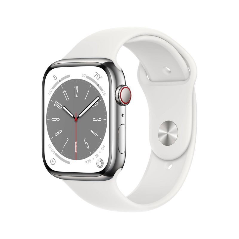 slide 1 of 8, Apple Watch Series 8 GPS + Cellular 45mm Silver Stainless Steel Case with White Sport Band - M/L, 1 ct