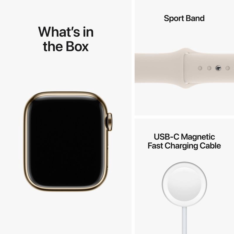 slide 8 of 8, Apple Watch Series 8 GPS + Cellular 41mm Gold Stainless Steel Case with Starlight Sport Band - S/M, 1 ct