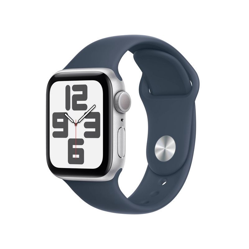 slide 1 of 6, Apple Watch SE 2 GPS (2023) 40mm Silver Aluminum Case with Storm Blue Sport Band - S/M, 1 ct
