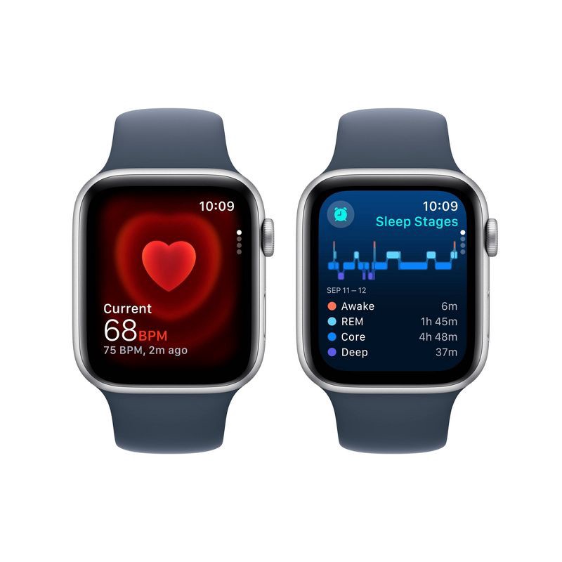 slide 5 of 6, Apple Watch SE 2 GPS (2023) 40mm Silver Aluminum Case with Storm Blue Sport Band - S/M, 1 ct
