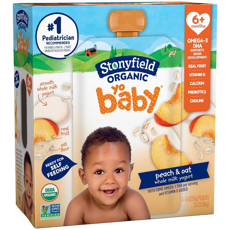 slide 8 of 8, Stonyfield Organic YoBaby Peach & Oat Whole Milk Yogurt - 4ct/3.4oz Pouches, 4 ct; 3.4 oz