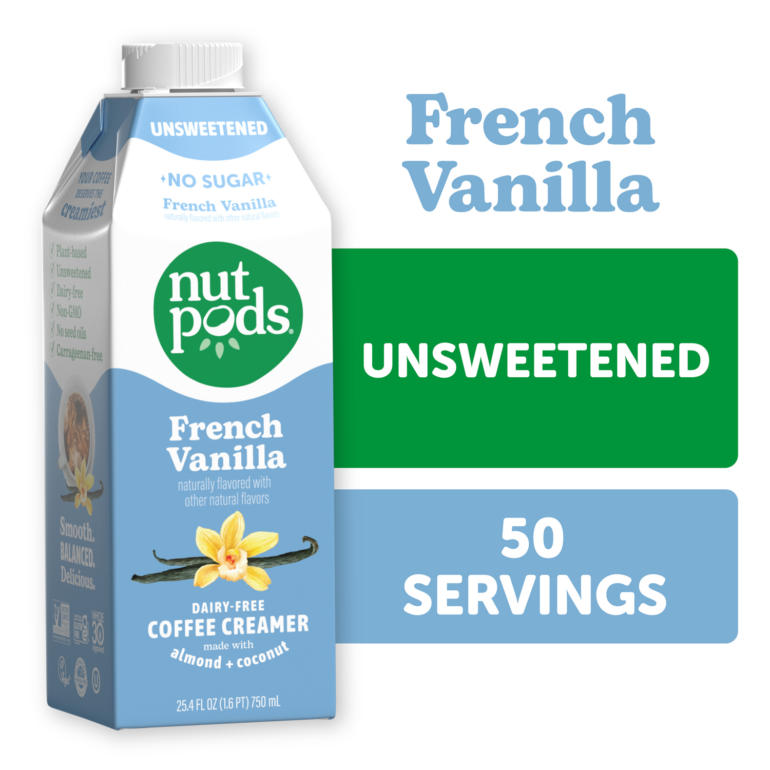 slide 2 of 8, nutpods Unsweetened Non Dairy French Vanilla made with Almonds and Coconuts Coffee Creamer, 25.4 fl oz