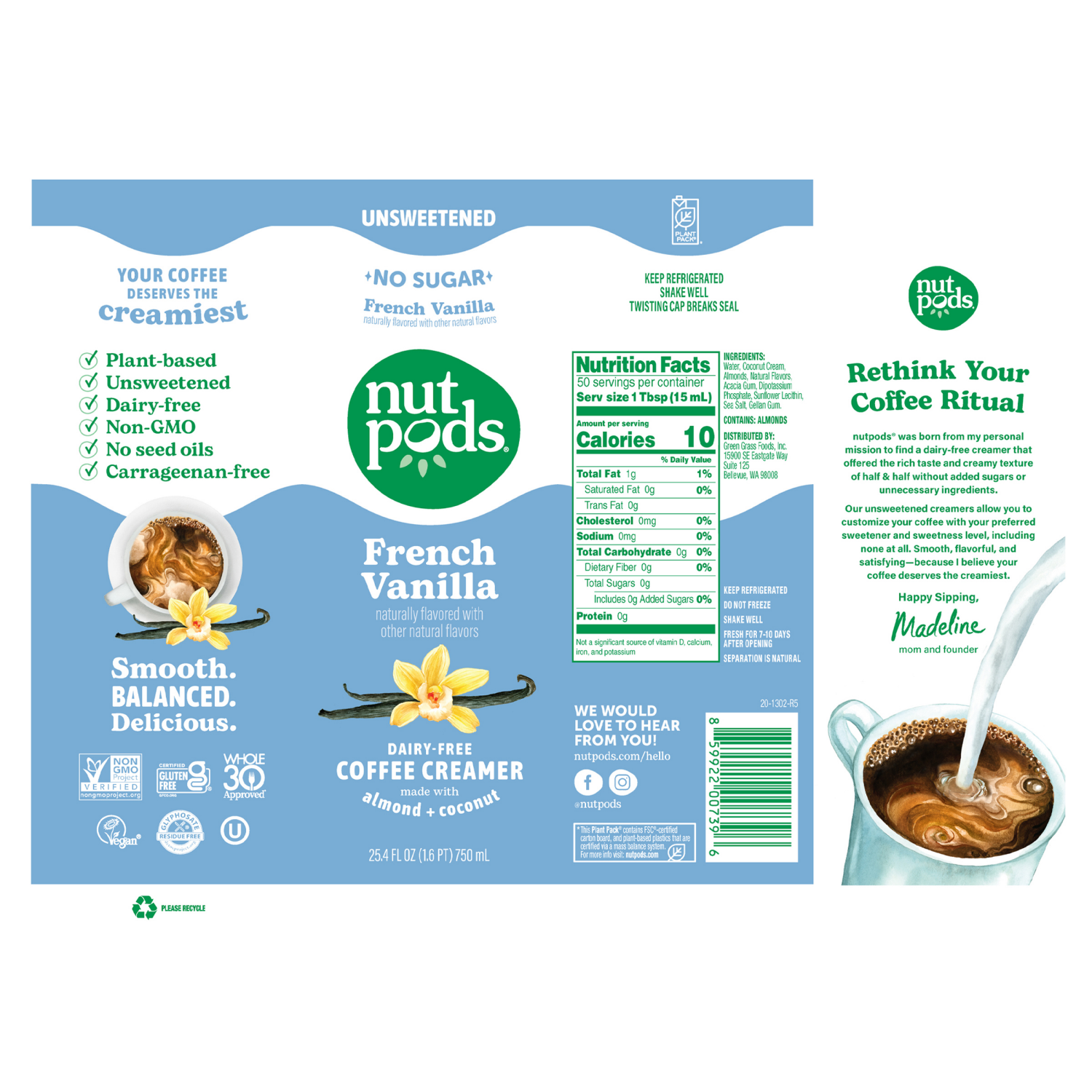 slide 7 of 8, nutpods Unsweetened Non Dairy French Vanilla made with Almonds and Coconuts Coffee Creamer, 25.4 fl oz