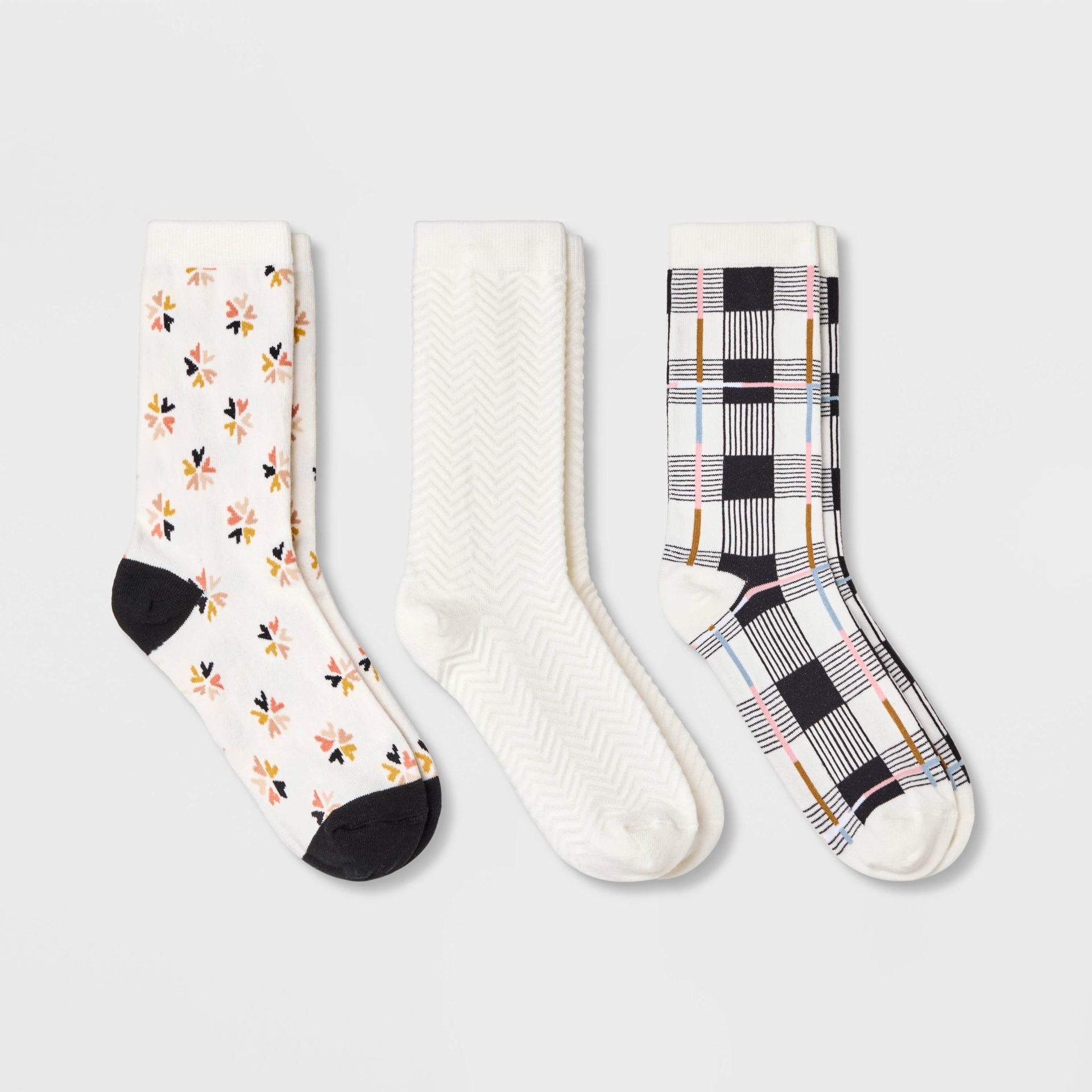 slide 1 of 2, Women's 3pk Plaid Crew Socks - A New Day Black/Cream 4-10, 3 ct