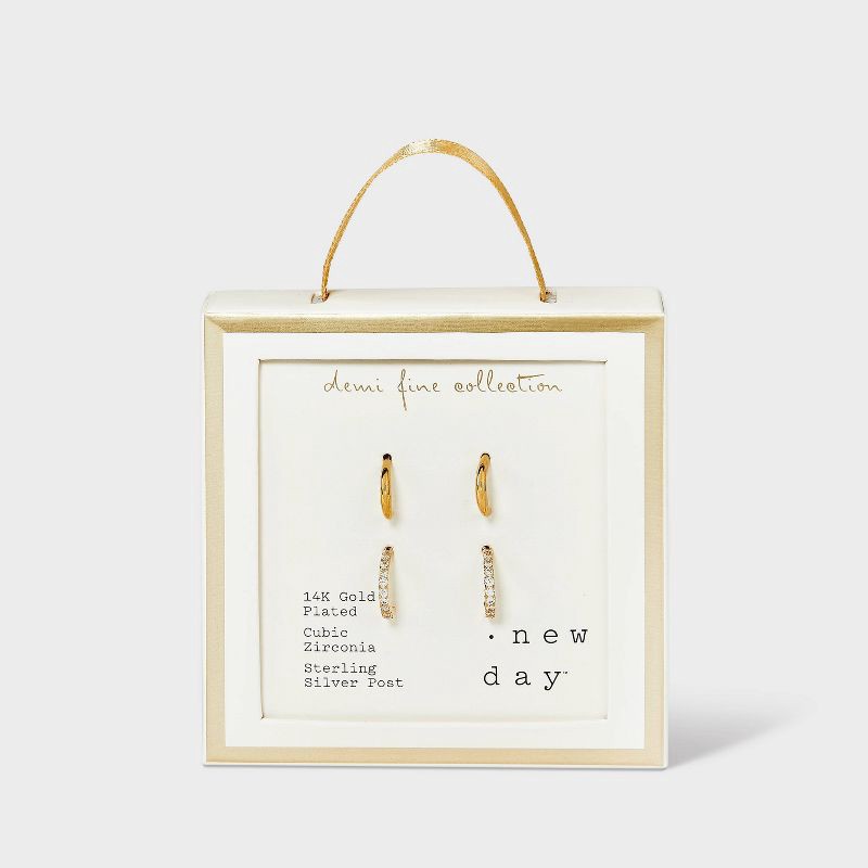 slide 3 of 3, 14K Gold Plated Polished Cubic Zirconia Hoop Duo Earring Set 2pc - A New Day™ Gold: Nickel-Free, Gift Box Included, 2 ct