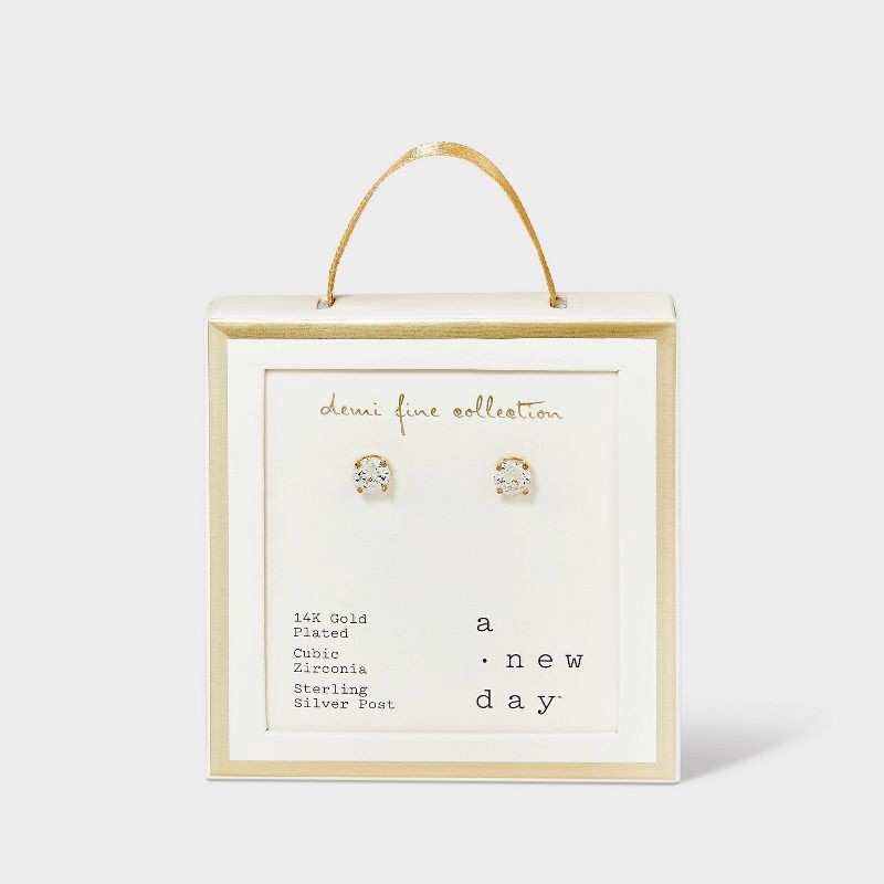 slide 4 of 4, 14K Gold Plated Cubic Zirconia Stud Earrings - A New Day™ Clear/Gold: Polished Nickel-Free Fashion Jewelry, 1 ct