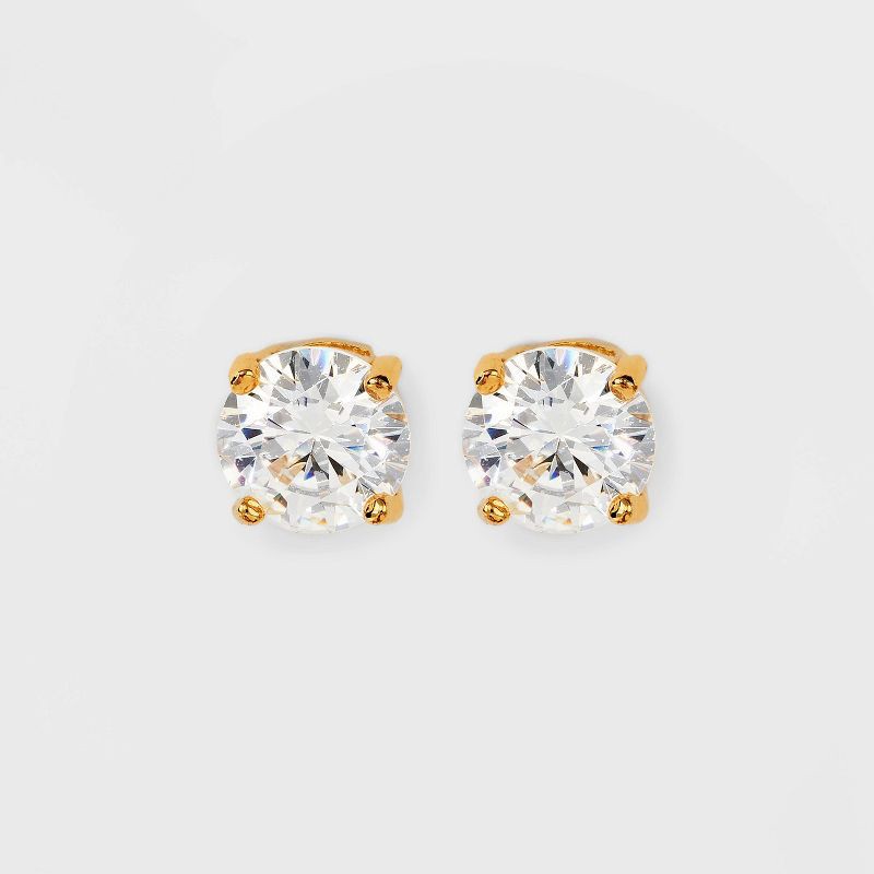 slide 1 of 4, 14K Gold Plated Cubic Zirconia Stud Earrings - A New Day™ Clear/Gold: Polished Nickel-Free Fashion Jewelry, 1 ct