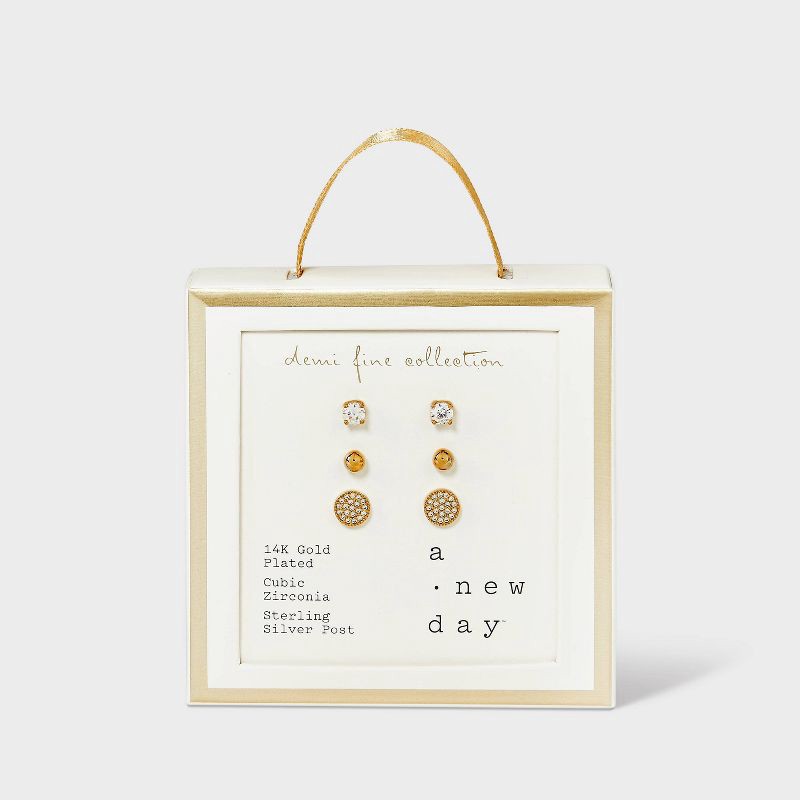 slide 3 of 3, 14K Gold Plated Cubic Zirconia Ball Pave Trio Stud Earring Set - A New Day™ Gold: Polished Basket Setting, 1 ct