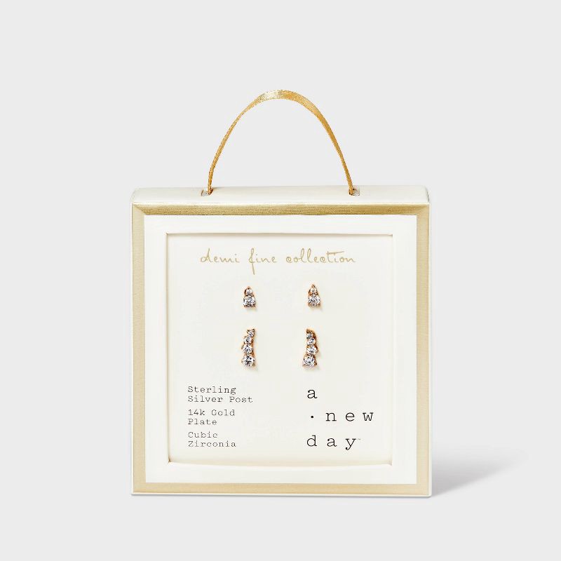 slide 3 of 3, 14K Gold Plated Cubic Zirconia Duo Stud Earring Set 3pc - A New Day™ Gold: Nickel-Free, Prong Setting, 3 ct