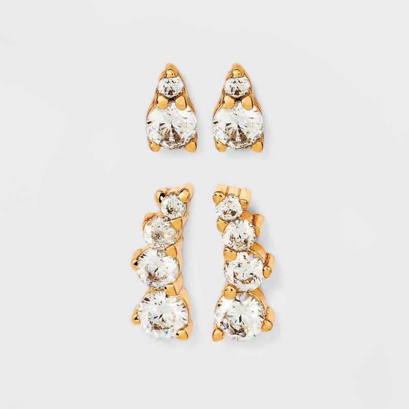 slide 1 of 3, 14K Gold Plated Cubic Zirconia Duo Stud Earring Set 3pc - A New Day™ Gold: Nickel-Free, Prong Setting, 3 ct