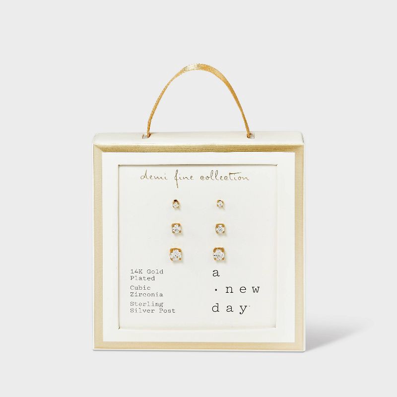 slide 3 of 3, 14K Gold Plated Cubic Zirconia Trio Stud Earring Set - A New Day™ Gold: Nickel-Free, Polished Finish, Gift Box Included, 1 ct