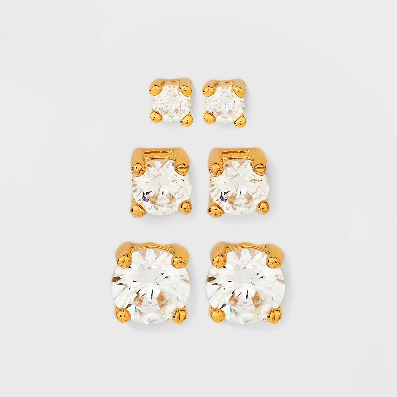 slide 1 of 3, 14K Gold Plated Cubic Zirconia Trio Stud Earring Set - A New Day™ Gold: Nickel-Free, Polished Finish, Gift Box Included, 1 ct