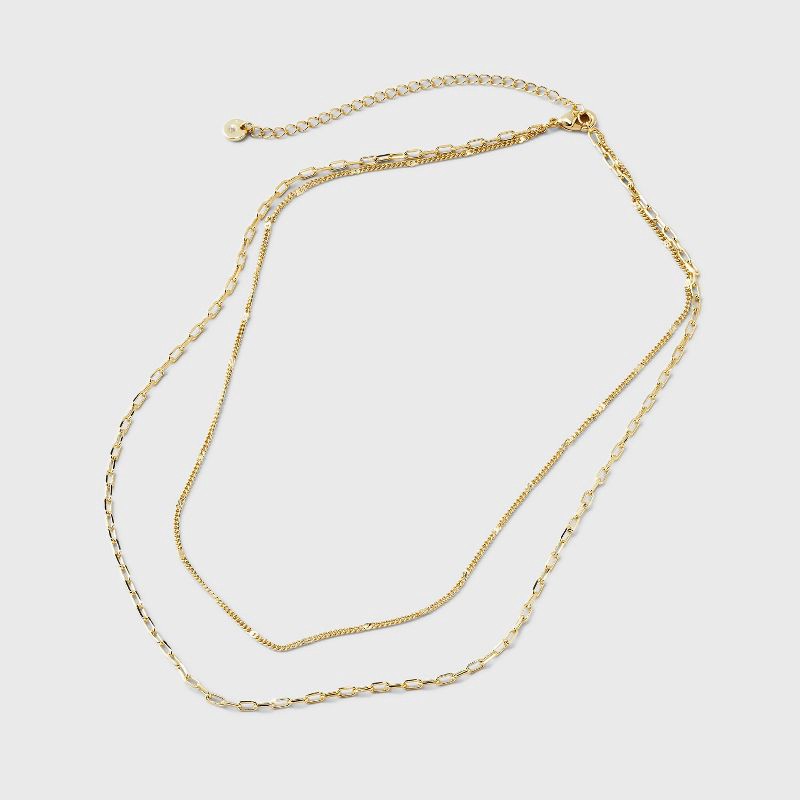 slide 3 of 5, 14K Gold Plated Flat Beaded and Link Chain Duo Necklace - A New Day™ Gold: Nickel-Free, Lobster Clasp, 1 ct