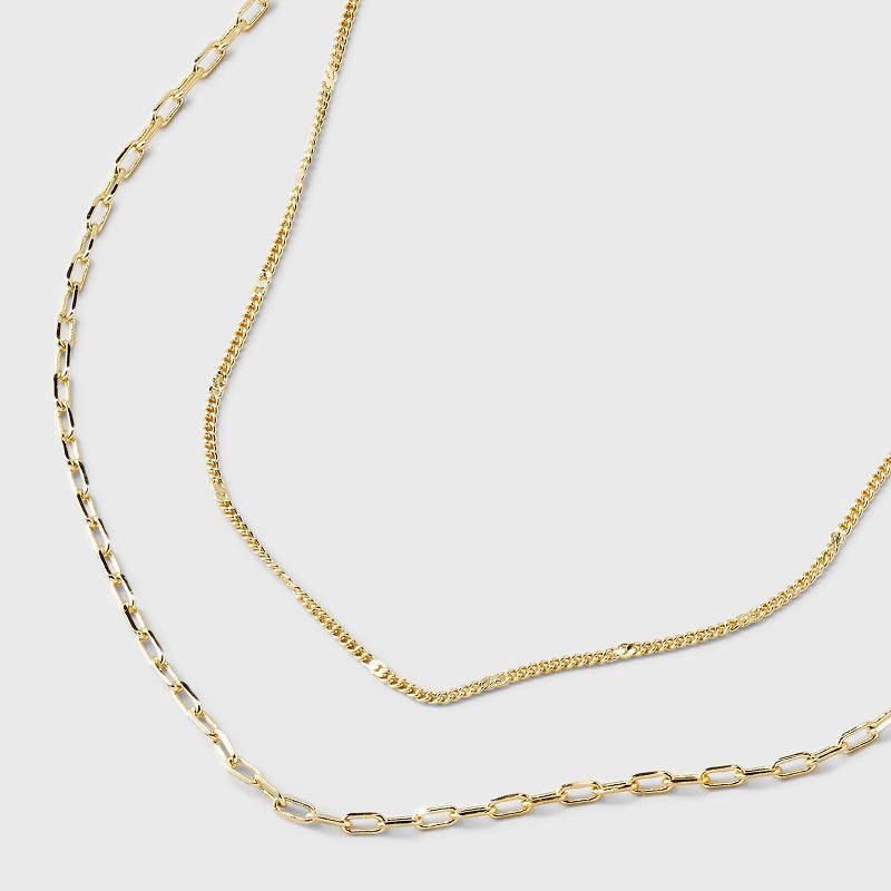 slide 4 of 5, 14K Gold Plated Flat Beaded and Link Chain Duo Necklace - A New Day™ Gold: Nickel-Free, Lobster Clasp, 1 ct