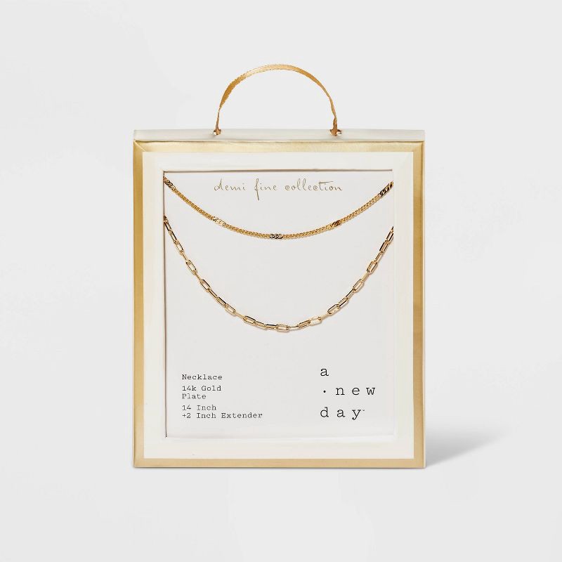 slide 5 of 5, 14K Gold Plated Flat Beaded and Link Chain Duo Necklace - A New Day™ Gold: Nickel-Free, Lobster Clasp, 1 ct