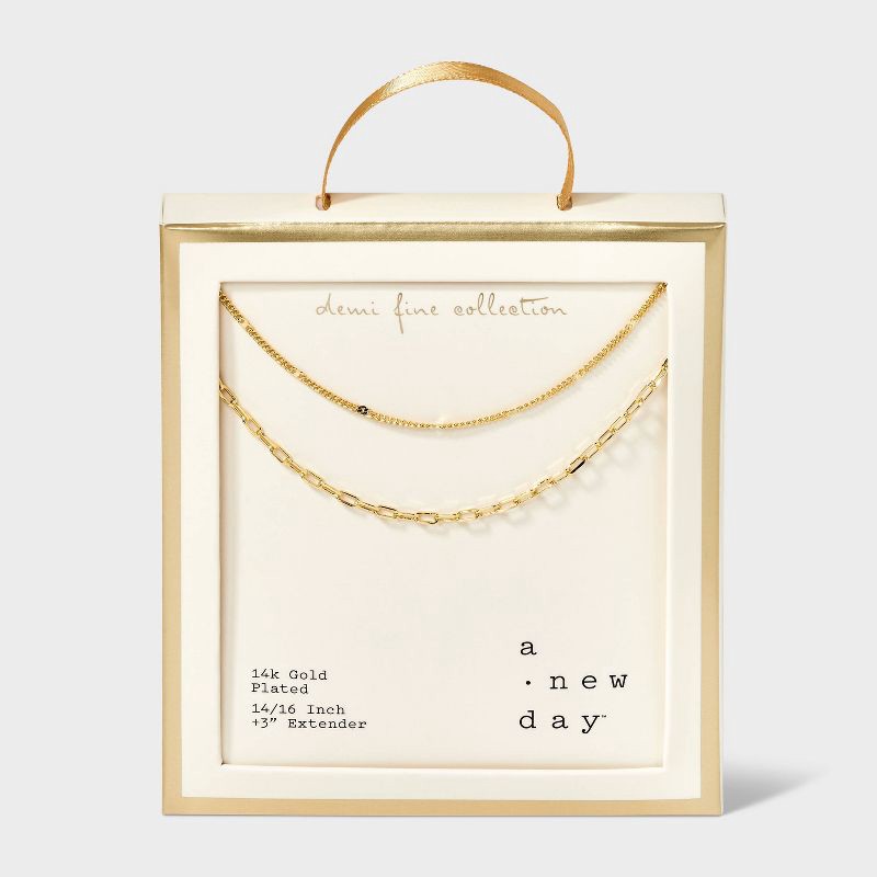 slide 1 of 5, 14K Gold Plated Flat Beaded and Link Chain Duo Necklace - A New Day™ Gold: Nickel-Free, Lobster Clasp, 1 ct