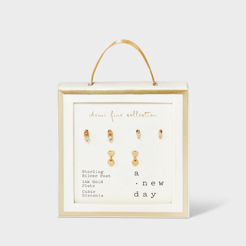 slide 3 of 3, 14K Gold Plated Cubic Zirconia Heart Stud Earring Set 3pc - A New Day™ Gold: Sterling Silver, Nickel-Free, 3 ct