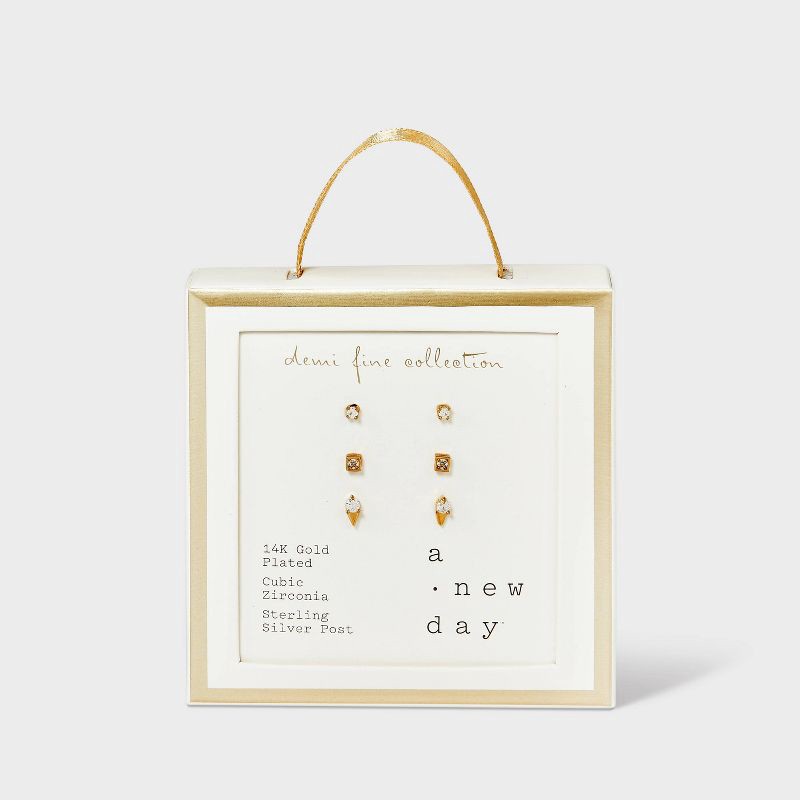 slide 3 of 3, 14K Gold Plated Cubic Zirconia Trio Stud Earring Set 3pc - A New Day™ Gold: Nickel-Free, Polished Finish, Gift Box Included, 3 ct