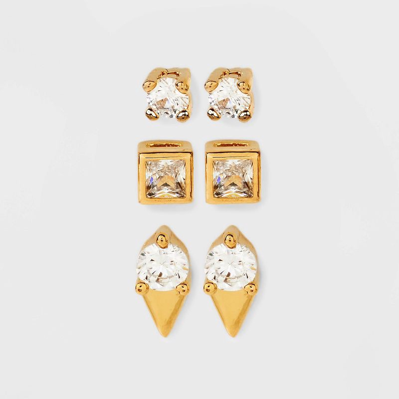 slide 1 of 3, 14K Gold Plated Cubic Zirconia Trio Stud Earring Set 3pc - A New Day™ Gold: Nickel-Free, Polished Finish, Gift Box Included, 3 ct