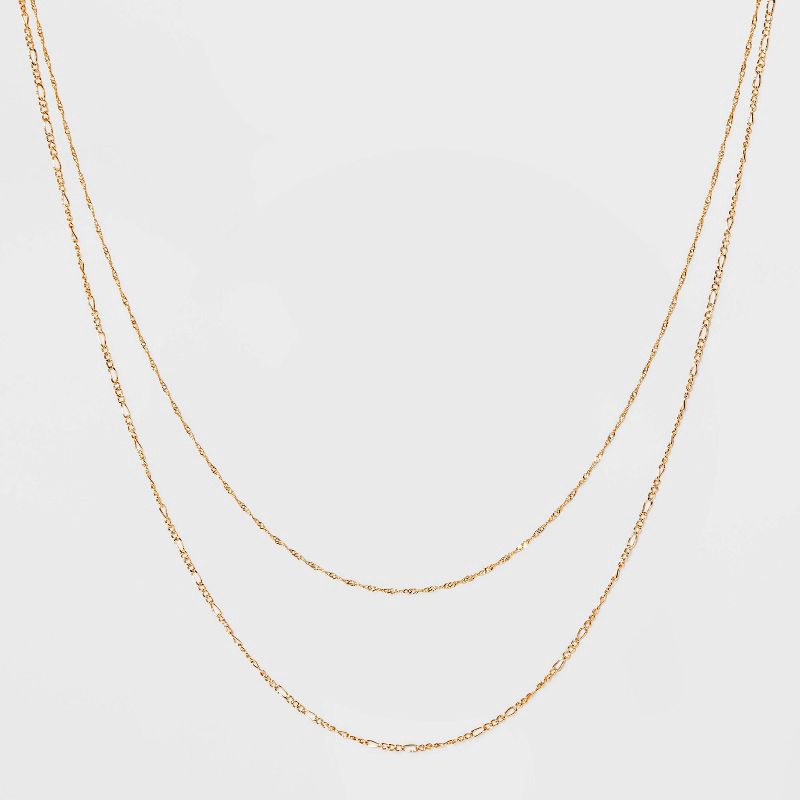 slide 1 of 3, 14K Gold Plated Twist and Figaro Chain Faux Duo Necklace - A New Day™ Gold: Nickel-Free, Lobster Claw Clasp, 16-19" Length, 1 ct