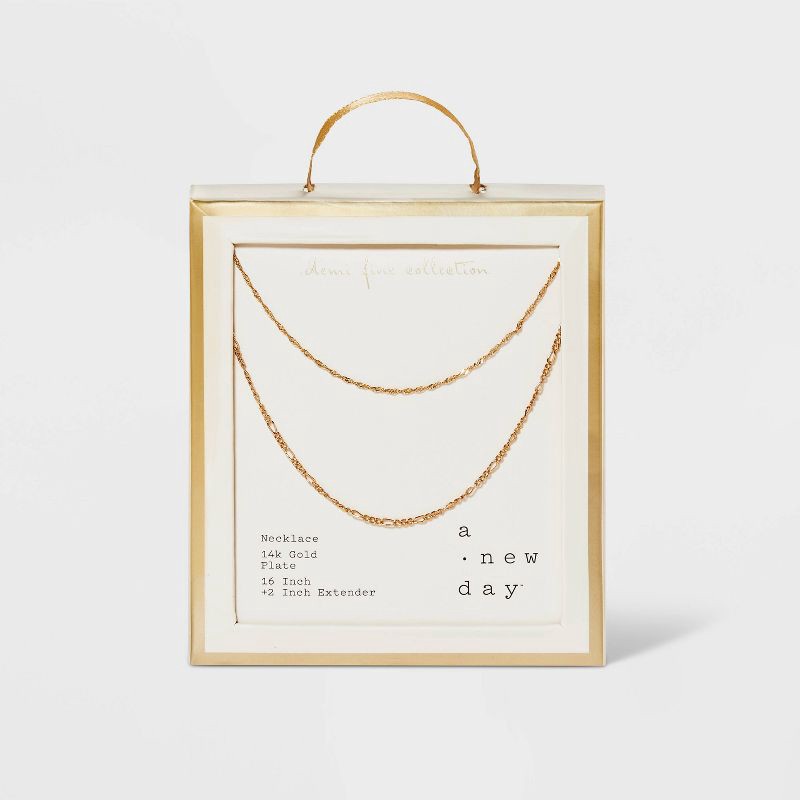 slide 3 of 3, 14K Gold Plated Twist and Figaro Chain Faux Duo Necklace - A New Day™ Gold: Nickel-Free, Lobster Claw Clasp, 16-19" Length, 1 ct