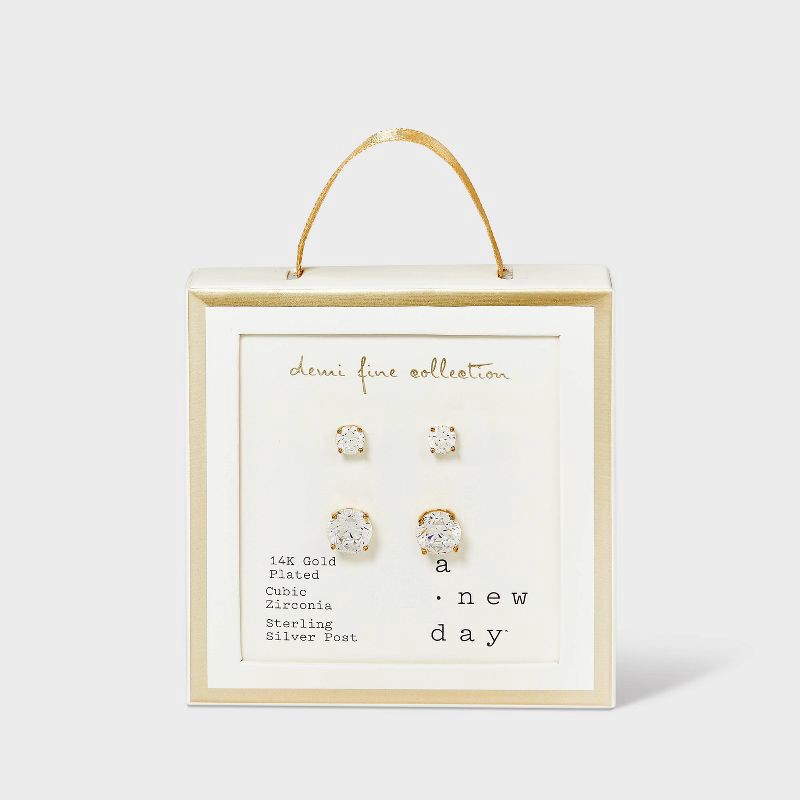 slide 3 of 3, 14K Gold Plated Cubic Zirconia Duo Stud Earring Set 2pc - A New Day™ Gold: Basket Setting, Gift Box Included, 2 ct
