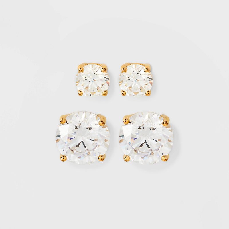 slide 1 of 3, 14K Gold Plated Cubic Zirconia Duo Stud Earring Set 2pc - A New Day™ Gold: Basket Setting, Gift Box Included, 2 ct