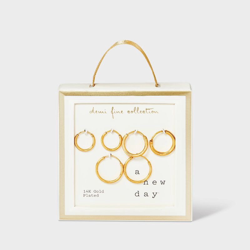 slide 2 of 2, 14K Gold Plated Trio Hoop Earring Set 3pc - A New Day™ Gold: Nickel-Free, Polished Finish, Gift Box Included, 3 ct