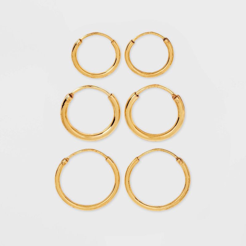 slide 1 of 2, 14K Gold Plated Trio Hoop Earring Set 3pc - A New Day™ Gold: Nickel-Free, Polished Finish, Gift Box Included, 3 ct