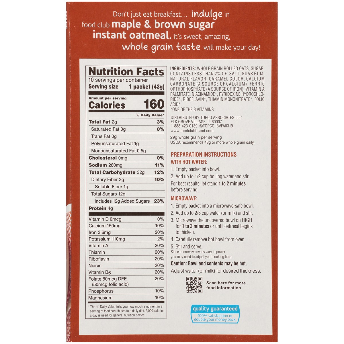 slide 9 of 9, Food Club Maple & Brown Sugar Instant Oatmeal Packet 10 ea, 10 ct