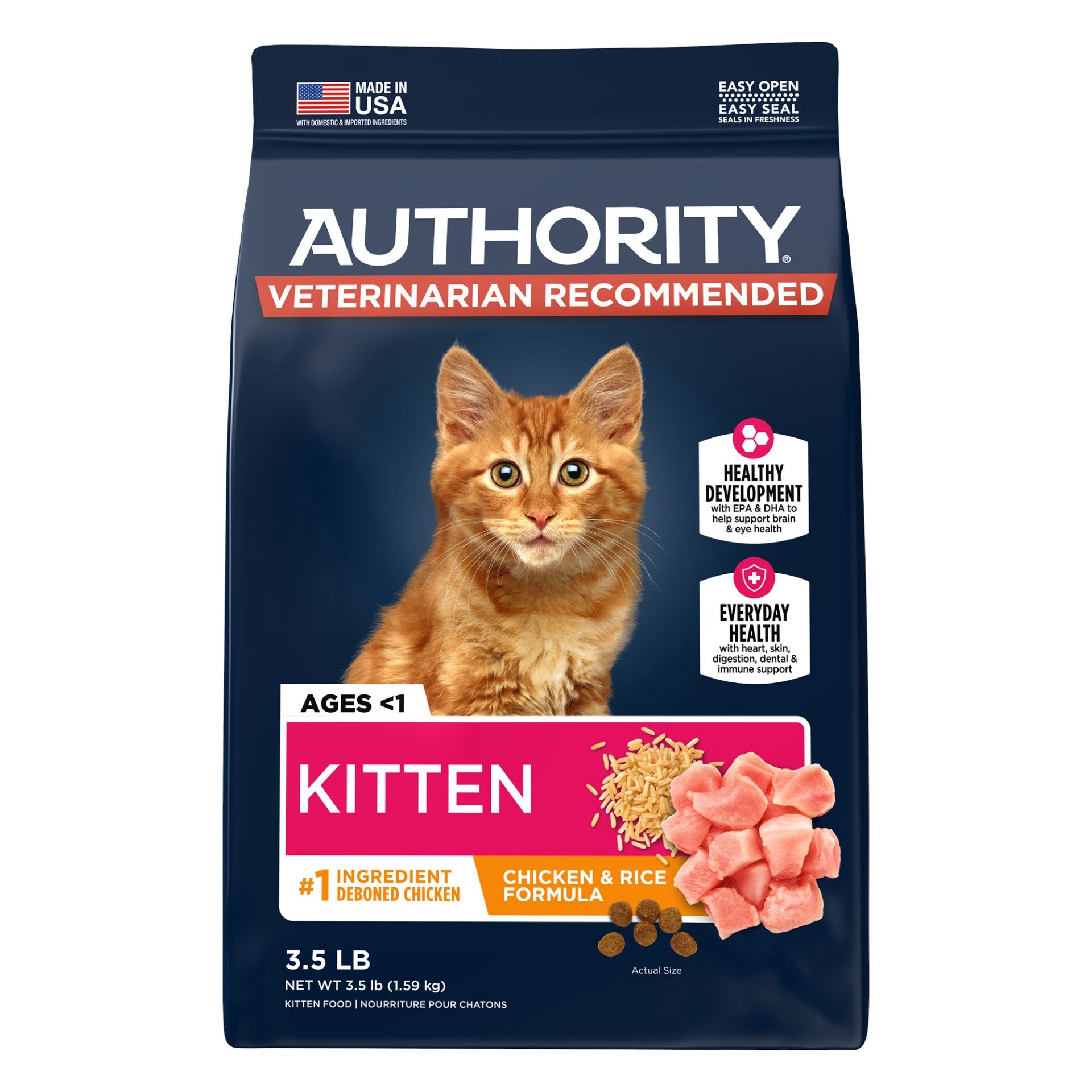 slide 1 of 1, Authority Everyday Health Kitten Dry Cat Food - Chicken & Rice, With-Grain, 3.5 lb
