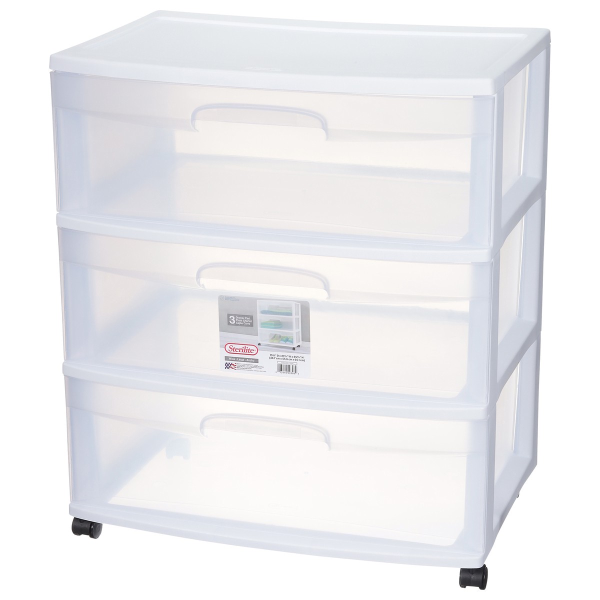 slide 3 of 9, Sterilite 3-Drawer Wide Cart With Casters - Clear/White, 1 ct