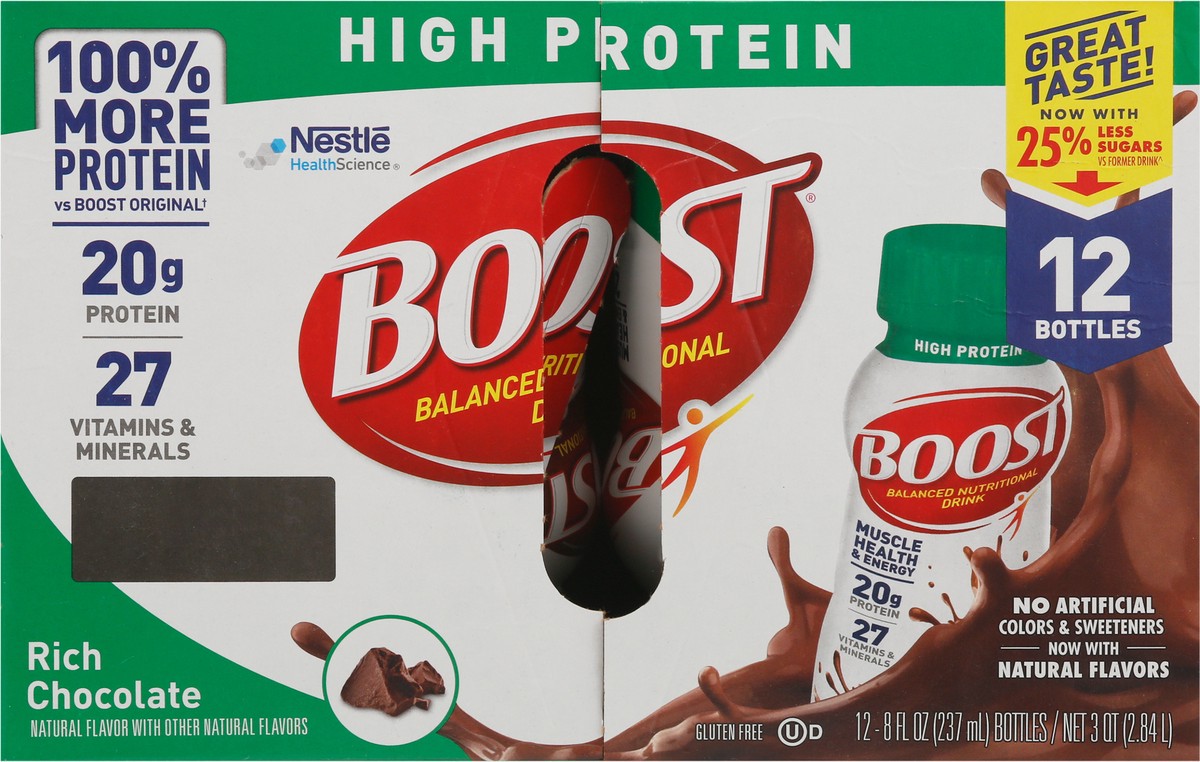 slide 9 of 9, Boost High Protein Nutritional Drink, Rich Chocolate, 20g Protein, 12 - 8 fl oz Bottles, 8 ct; 12 fl oz