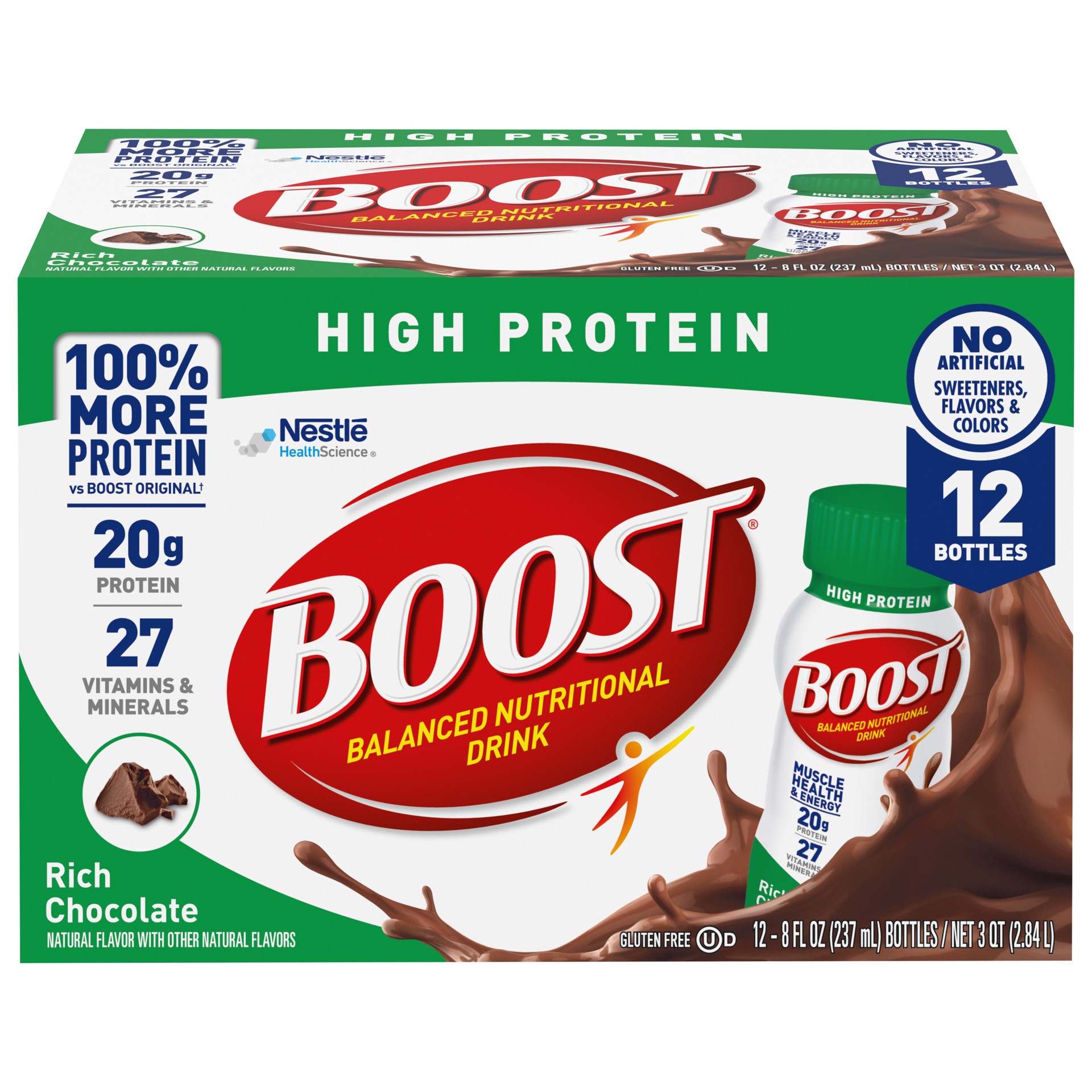 slide 1 of 9, Boost High Protein Nutritional Drink, Rich Chocolate, 20g Protein, 12 - 8 fl oz Bottles, 96 fl oz