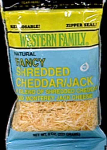 slide 1 of 1, Western Family Fancy Shredded Cheddar Jac, 8 oz