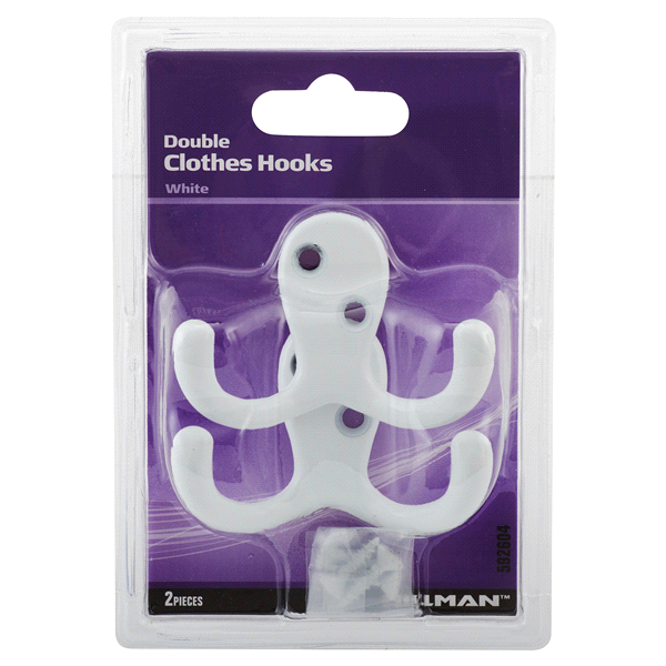 slide 1 of 1, Hillman Double Clothes Hook White, 2 ct