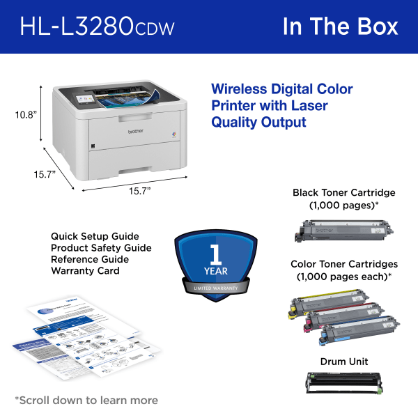 slide 6 of 8, Brother Hl-L3280Cdw Wireless Compact Digital Laser Color Printer With Refresh Ez Print Eligibility, 1 ct