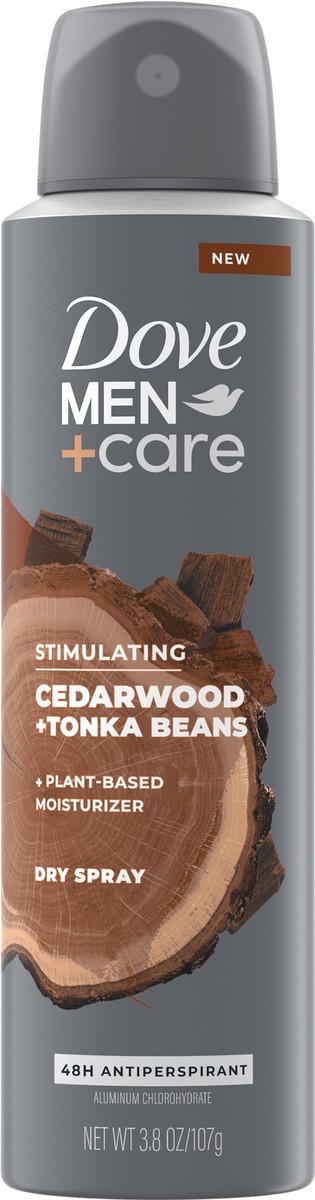 slide 3 of 5, Dove Men+Care Stimulating Cedarwood & Tonka Beans Antiperspirant Dry Spray Deodorant, 3.8 oz