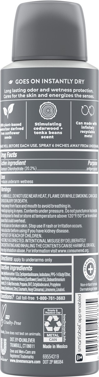 slide 4 of 5, Dove Men+Care Stimulating Cedarwood & Tonka Beans Antiperspirant Dry Spray Deodorant, 3.8 oz