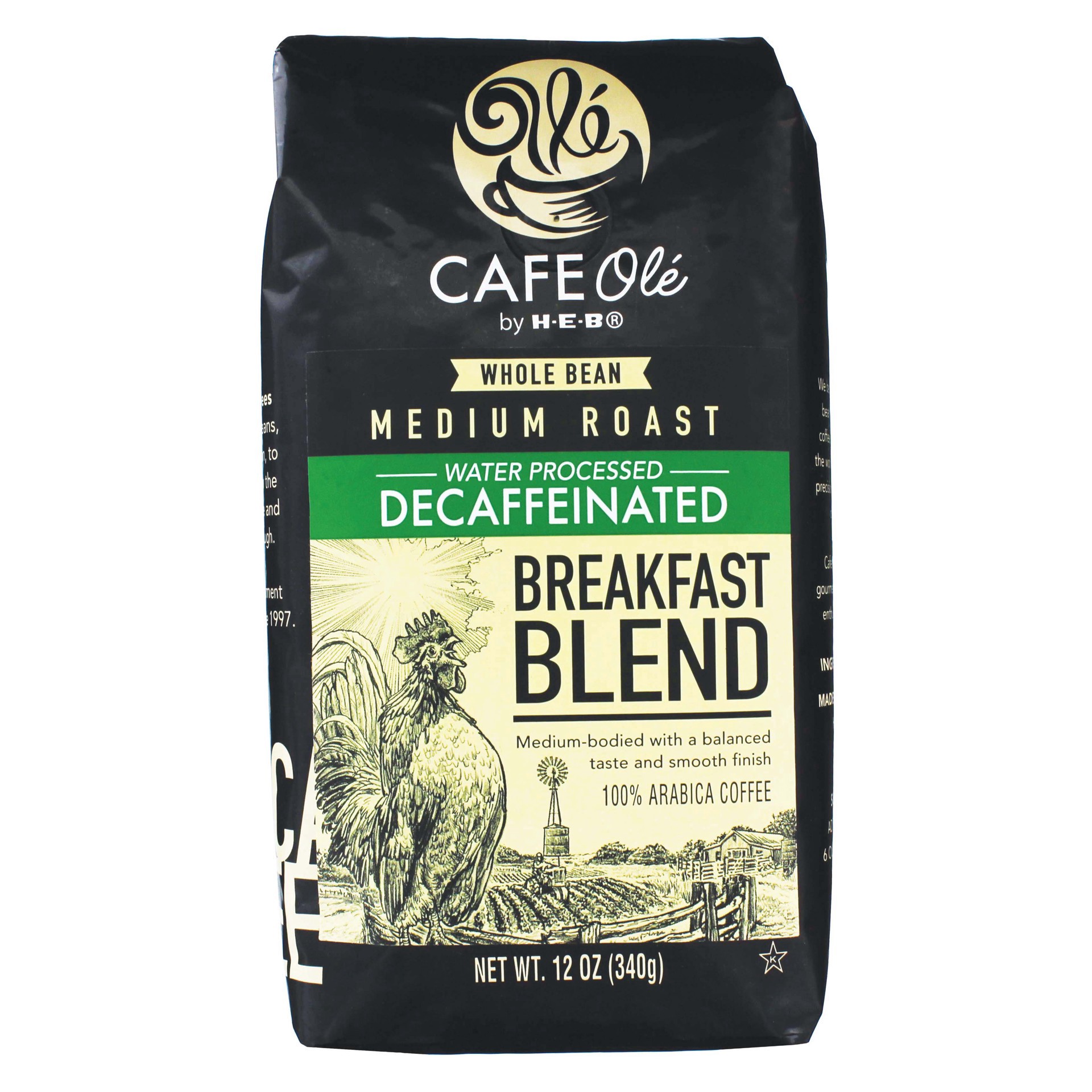 slide 1 of 1, H-E-B Cafe Ole Whole Bean Breakfast Blend Decaf Medium Roast Coffee - 12 oz, 12 oz