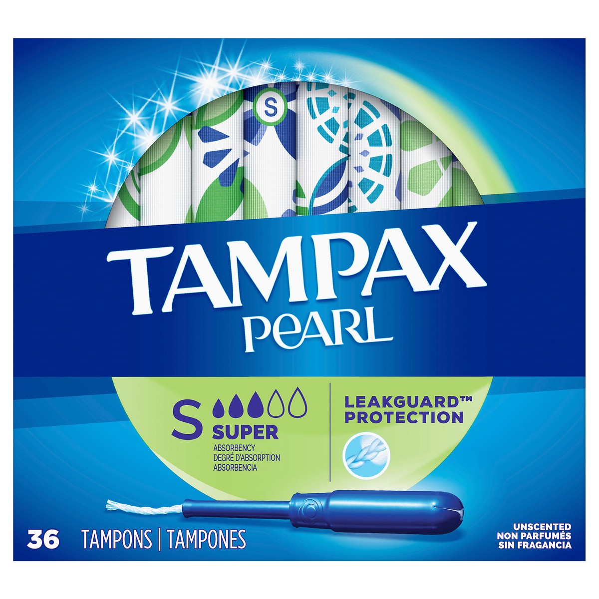slide 1 of 8, Tampax Pearl Tampons Super Absorbency with BPA-Free Plastic Applicator and LeakGuard Braid, Unscented, 36 Count, 36 ct
